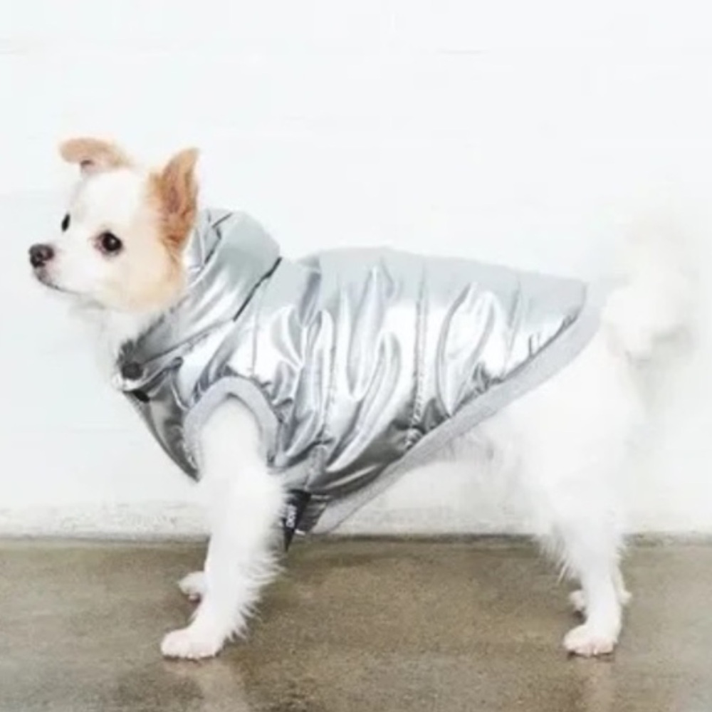 DKNY Metallic Silver Luxury Dog Puffer Jacket/Coat NWOT